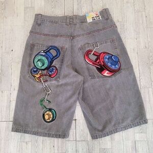 Men's 34 Y2K Raw Blue Grey Denim Embroidered Locks Skater Jean Shorts Jnco Style